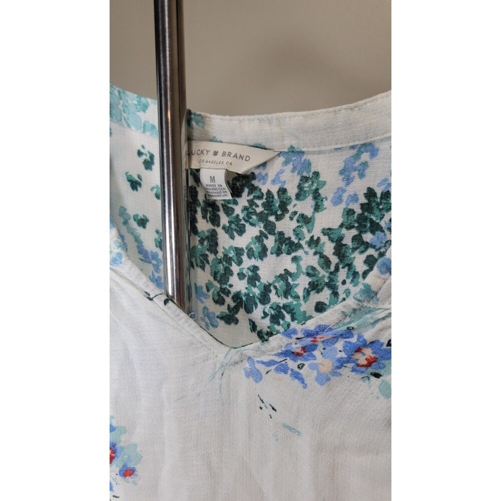 Lucky Brand Floral Boho Peasant Blouse – Size M White Blue Green Print - Picture 2 of 5